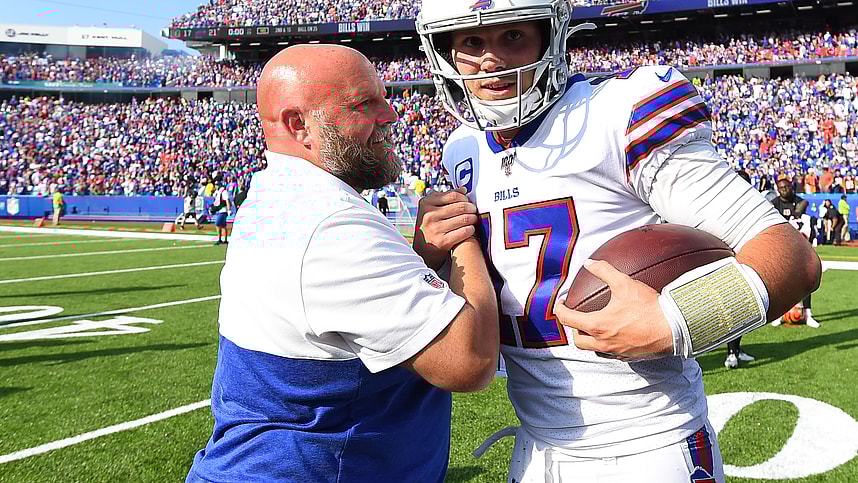 Buffalo Bills quarterback Josh Allen (17) greets offensive coordinator (New York Giants) Brian Daboll following the game against the Cincinnati Bengals at New Era Field