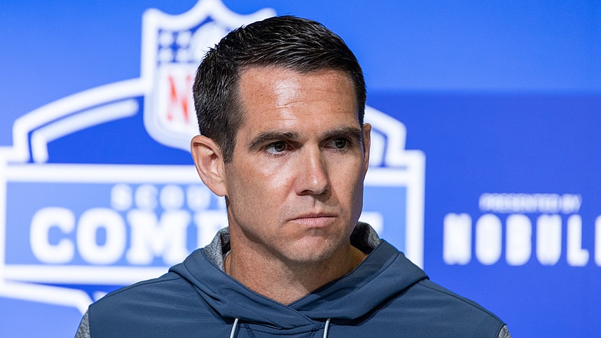 New York Giants general manager Joe Schoen speaks to the press at the NFL Combine at Lucas Oil Stadium