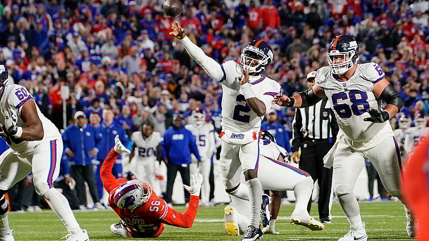 New York Giants quarterback Tyrod Taylor (2) throws the ball (Ben Bredeson) against the Buffalo Bills during the second half at Highmark Stadium