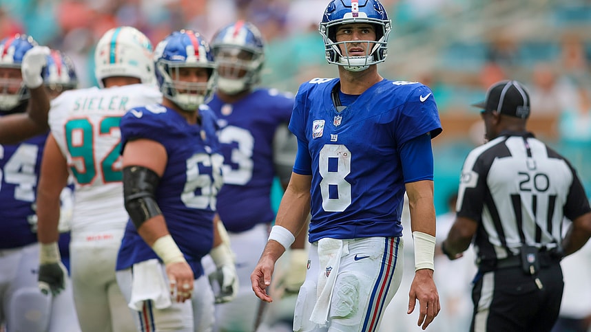 New York Giants quarterback Daniel Jones (8) looks on against the Miami Dolphins during the third quarter at Hard Rock Stadium