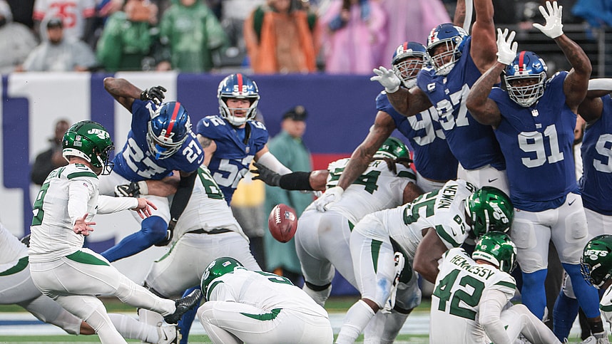 New York Jets place kicker Greg Zuerlein (9) kicks the game winning field goal in overtime against the New York Giants at MetLife Stadium