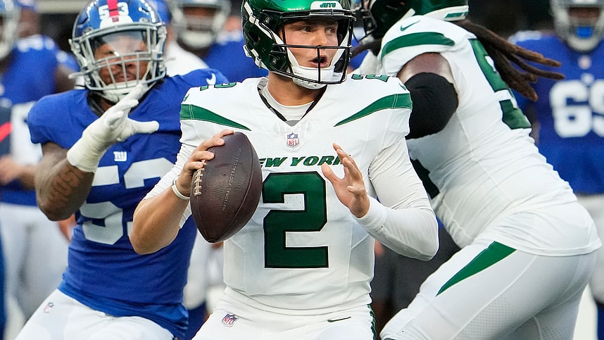 New York Jets quarterback Zach Wilson (2) throws in the first half against the Giants at MetLife Stadium