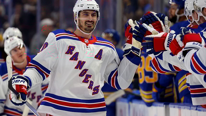 New York Rangers left wing Chris Kreider (20) celebrates his goal with teammates during the first period against the Buffalo Sabres at KeyBank Center