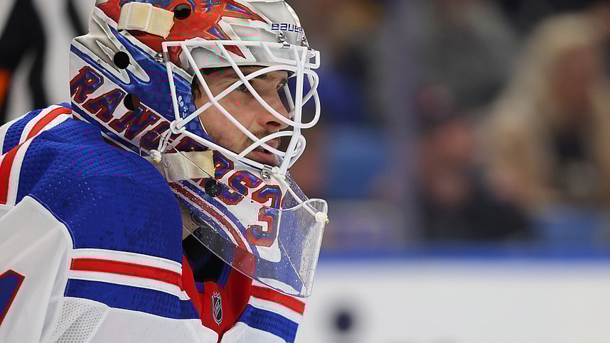 New York Rangers goaltender Igor Shesterkin (31) looks for the puck during the first period against the Buffalo Sabres at KeyBank Center