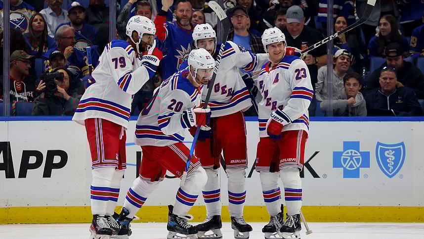 New York Rangers left wing Chris Kreider (20) celebrates his goal with teammates during the third period against the Buffalo Sabres at KeyBank Center