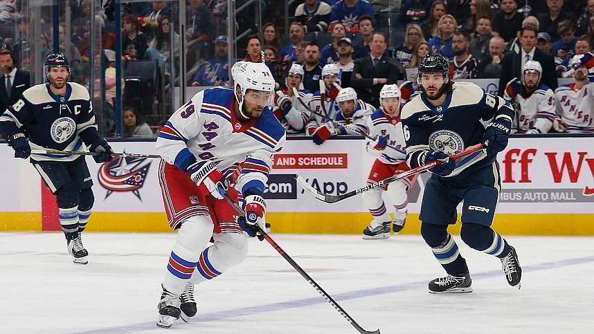 New York Rangers defenseman K'Andre Miller (79) looks to pass against the Columbus Blue Jackets during the second period at Nationwide Arena