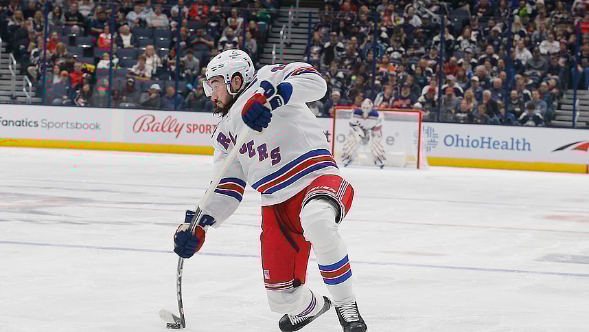 New York Rangers center Mika Zibanejad (93) takes a slap shot against the Columbus Blue Jackets during the third period at Nationwide Arena