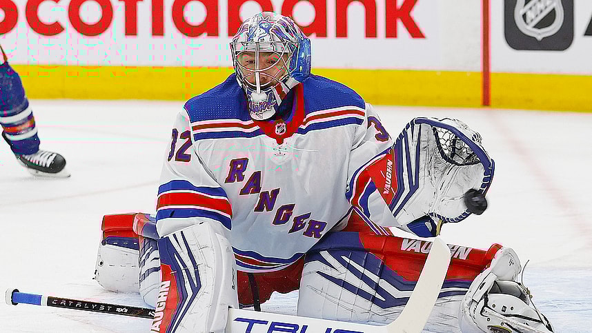 New York Rangers goaltender Jonathan Quick (32) makes a save on a shot by Edmonton Oilers forward Ryan Nugent-Hopkins (93) (not shown) during the first period at Rogers Place