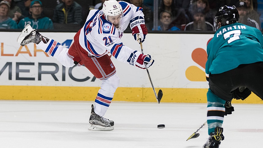 New York Rangers center Derek Stepan (21) shoots against the San Jose Sharks in the second period at SAP Center at San Jose.