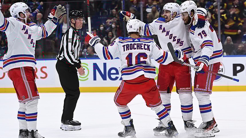 New York Rangers defence K'Andre Miller (79) celebrates a goal with teammates against the Vancouver Canucks during the overtime period at Rogers Arena