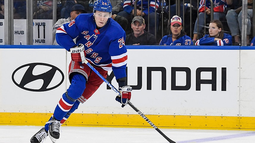 New York Rangers right wing Kaapo Kakko (24) skates across the blue line against the Boston Bruins  during the third at Madison Square Garden