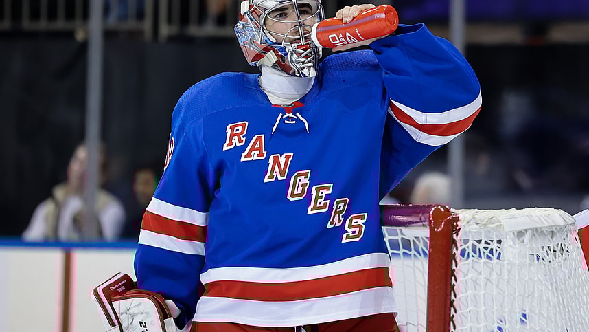 New York Rangers goaltender Dylan Garand (98) drinks water during a game against the New York Islanders at Madison Square Garden