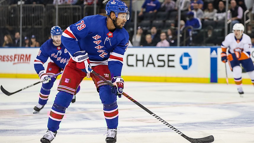 New York Rangers defenseman K'Andre Miller (79) controls the puck in the first period against the New York Islanders at Madison Square Garden