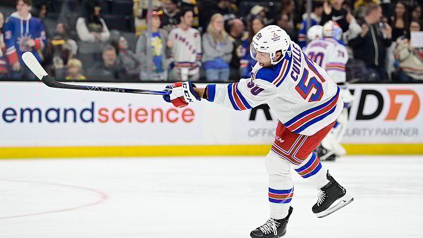 New York Rangers left wing Will Cuylle (50) skates in warm-ups prior to the game against the Boston Bruins at TD Garden