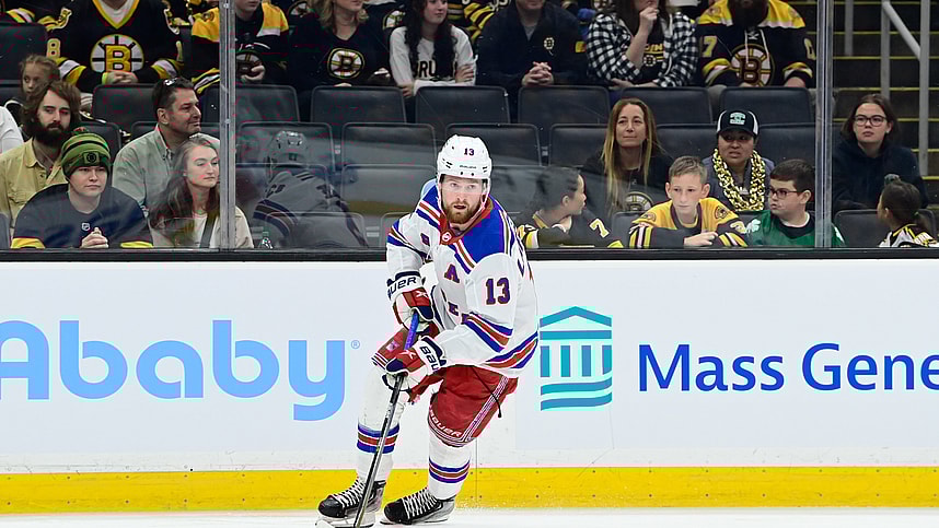 New York Rangers left wing Alexis Lafreniere (13) during the first period against the Boston Bruins at TD Garden