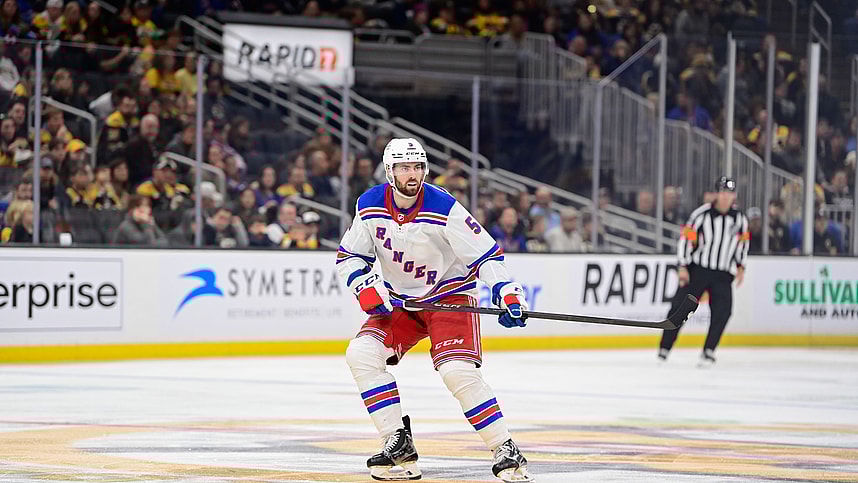 New York Rangers defenseman Ben Harpur (5) skates against the Boston Bruins during the third period at TD Garden