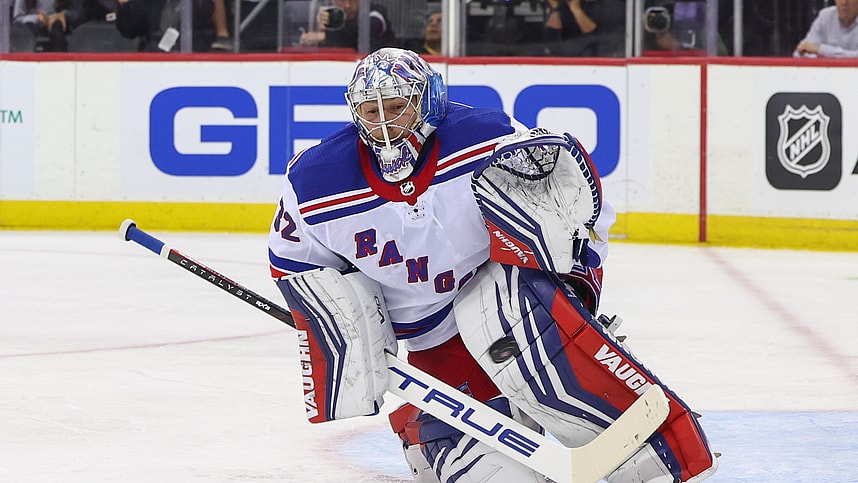 New York Rangers goaltender Jonathan Quick (32) makes a save against the New Jersey Devils during the second period at Prudential Center
