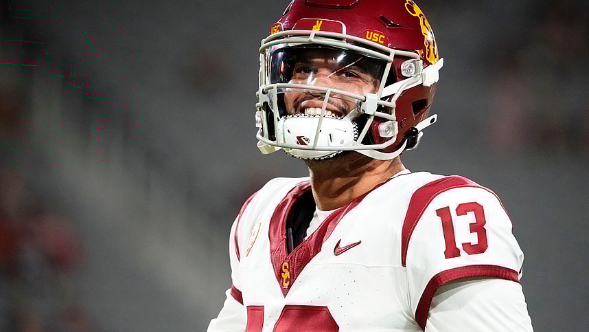 USC Trojans quarterback Caleb Williams (New York Giants prospect) (13) during the pregame warmup before playing the Arizona State Sun Devils at Mountain America Stadium