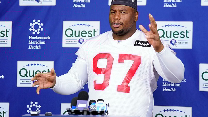 New York Giants defensive lineman Dexter Lawrence talks to reporters after the first day of mandatory minicamp at the Giants training center in East Rutherford