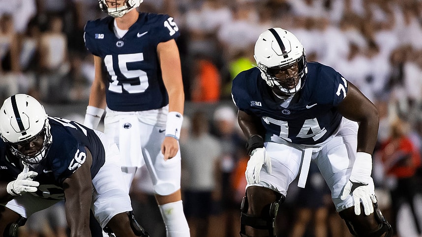 Penn State left tackle Olu Fashanu (New York Giants prospect) (74) gets set before a play against West Virginia at Beaver Stadium September