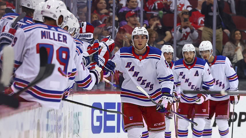 New York Rangers left wing Will Cuylle (50) celebrates his goal against the New Jersey Devils during the second period at Prudential Center.