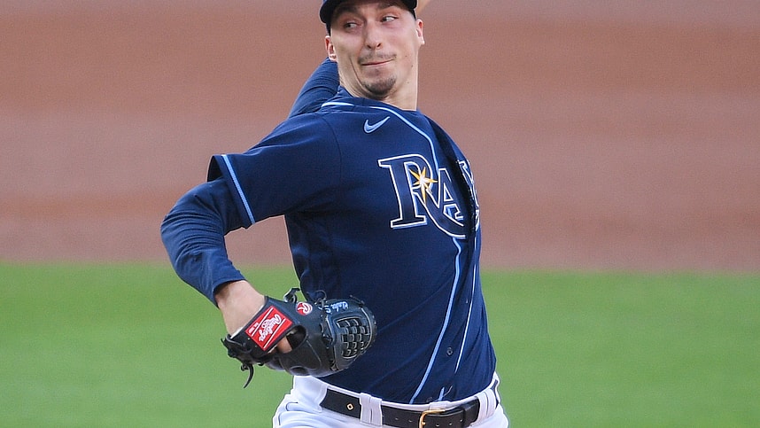 Tampa Bay Rays starting pitcher Blake Snell (4) pitches against the New York Yankees during the first inning in game one of the 2020 ALDS at Petco Park