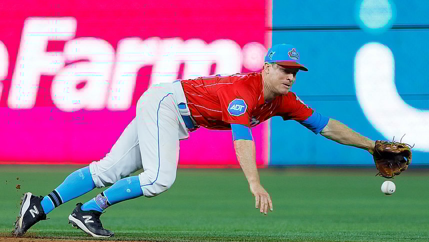 Miami Marlins shortstop Joey Wendle (18) dives but cannot catch a base hit from New York Mets catcher Omar Narvaez (not pictured) during the eighth inning at loanDepot Park