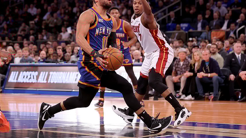 New York Knicks guard Jalen Brunson (11) drives to the basket against Miami Heat guard Kyle Lowry (7) during the third quarter at Madison Square Garden