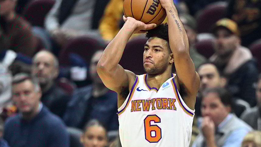 New York Knicks guard Quentin Grimes (6) shoots in the first quarter against the Cleveland Cavaliers at Rocket Mortgage FieldHouse