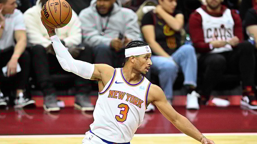 New York Knicks guard Josh Hart (3) rebounds in the fourth quarter against the Cleveland Cavaliers at Rocket Mortgage FieldHouse