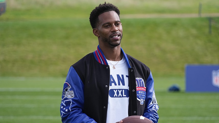 New York Giants former receiver Victor Cruz at Giants flag football community event at Hanbury Manor.