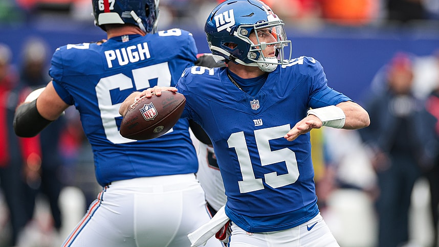 New York Giants quarterback Tommy DeVito (15) throws the ball during the first half against the New England Patriots at MetLife Stadium