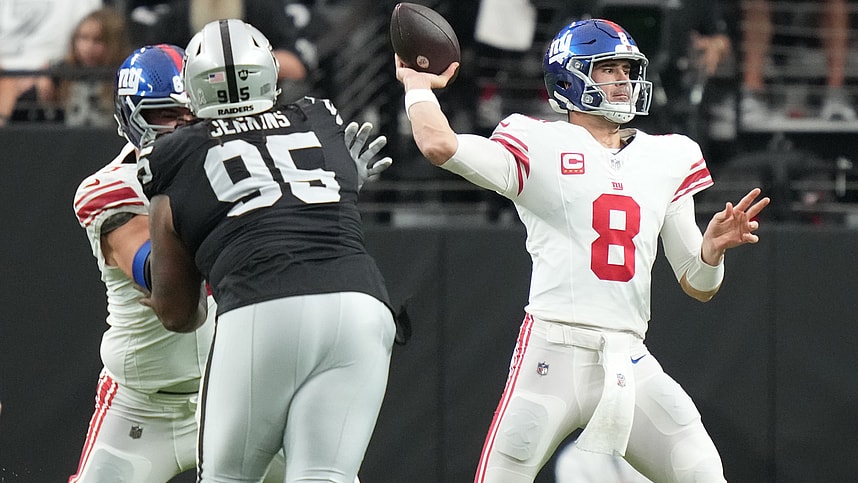 New York Giants quarterback Daniel Jones (8) passes the football against the Las Vegas Raiders during the first quarter at Allegiant Stadium