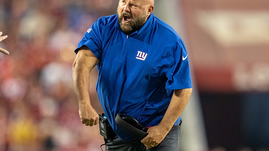 New York Giants head coach Brian Daboll argues with a referee during the third quarter against the San Francisco 49ers at Levi's Stadium