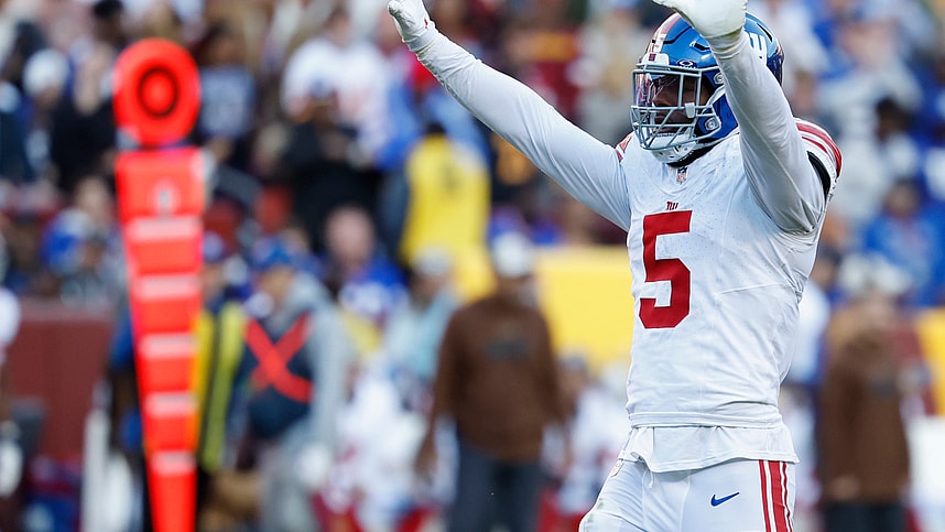 New York Giants linebacker Kayvon Thibodeaux (5) celebrates after making a sack against the Washington Commanders during the fourth quarter at FedExField