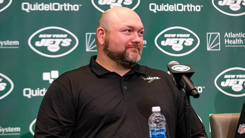 New York Jets general manager Joe Douglas addresses the media during the introductory press conference for quarterback Aaron Rodgers (8) (not pictured) at Atlantic Health Jets Training Center