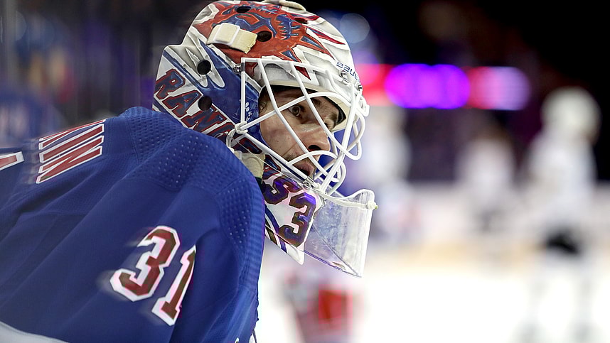New York Rangers goalie Igor Shesterkin (31) warms up before the first period against the Boston Bruins at Madison Square Garden