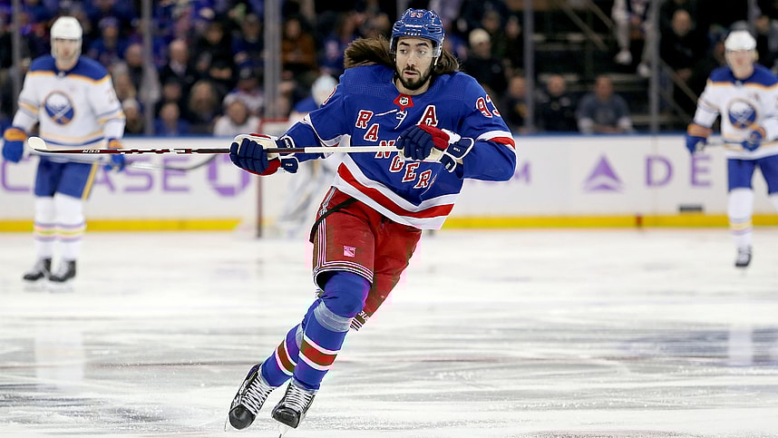 New York Rangers center Mika Zibanejad (93) skates against the Buffalo Sabres during the first period at Madison Square Garden