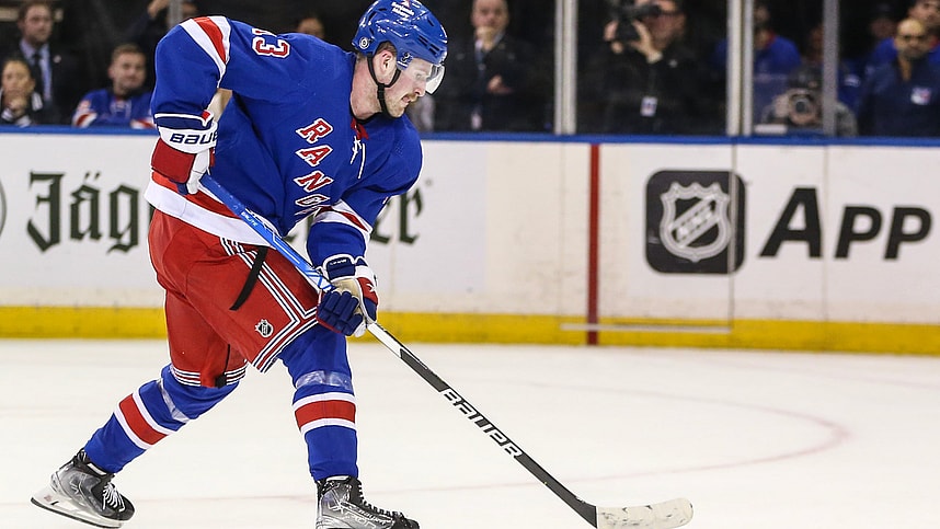 New York Rangers left wing Alexis Lafreniere (13) scores the game winning goal in a shootout against the Columbus Blue Jackets at Madison Square Garden