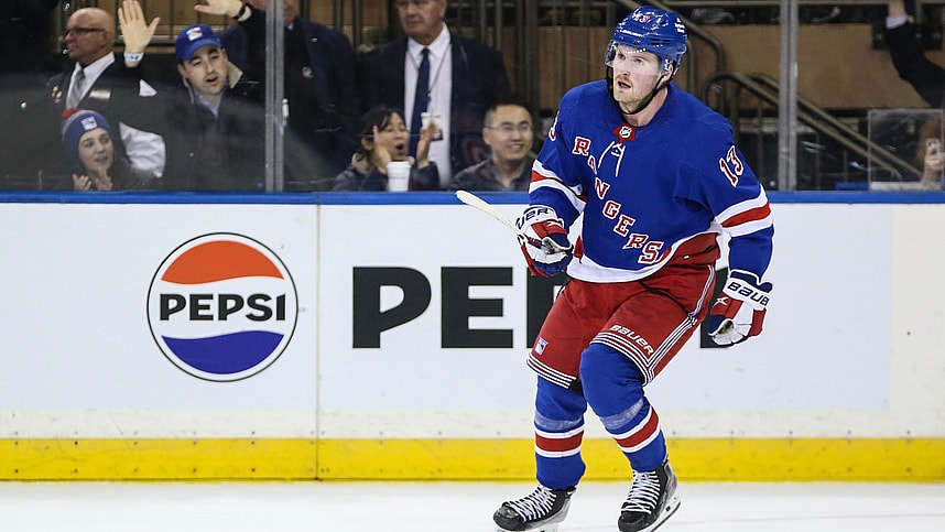 New York Rangers left wing Alexis Lafreniere (13) scores the game winning goal in a shootout against the Columbus Blue Jackets at Madison Square Garden