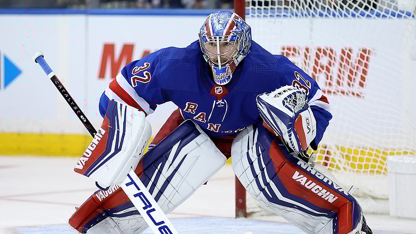 New York Rangers goaltender Jonathan Quick (32) tends net against the Detroit Red Wings during the second period at Madison Square Garden