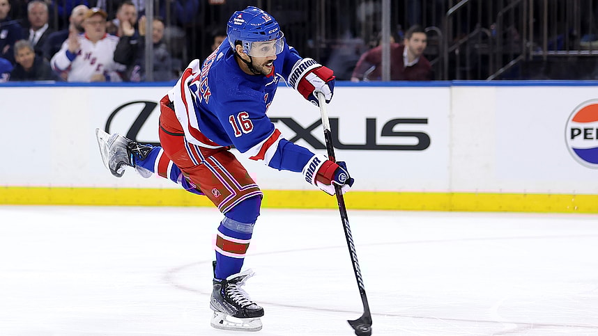 New York Rangers center Vincent Trocheck (16) takes a shot against the Minnesota Wild during the second period at Madison Square Garden