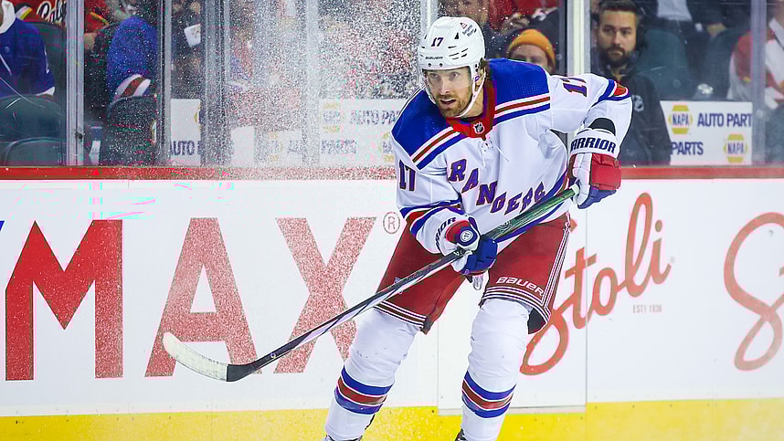 New York Rangers right wing Blake Wheeler (17) skates against the Calgary Flames during the first period at Scotiabank Saddledome