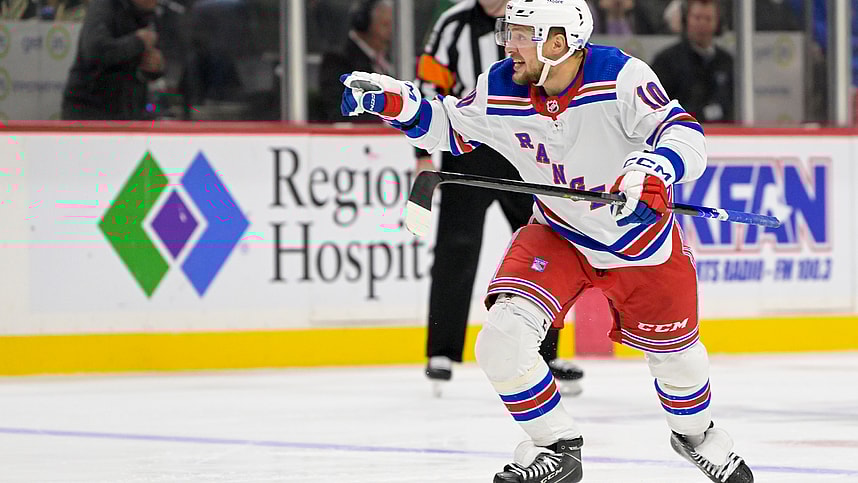 New York Rangers forward Artemi Panarin (10) celebrates the goal he assisted on by forward Chris Kreider (20) against the Minnesota Wild during the third period at Xcel Energy Center