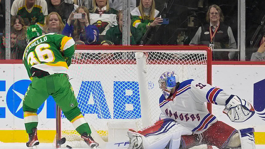 Minnesota Wild forward Mats Zuccarello (36) beats New York Rangers goalie Jonathan Quick (32) for a goal during a shootout at Xcel Energy Center