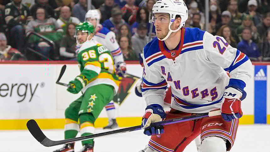 New York Rangers forward Jonny Brodzinski (22) follows the play against the Minnesota Wild during the first period at Xcel Energy Center