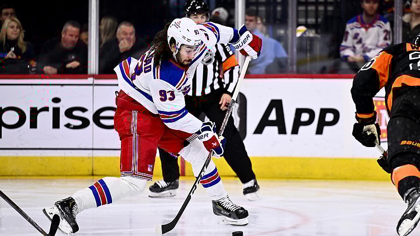 New York Rangers center Mika Zibanejad (93) scores a goal against the Philadelphia Flyers in the first period at Wells Fargo Center