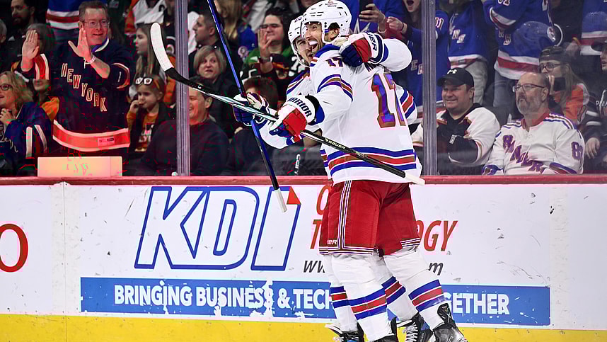 New York Rangers right wing Blake Wheeler (17) celebrates with left wing Chris Kreider (20) after scoring a goal against the Philadelphia Flyers in the first period at Wells Fargo Center