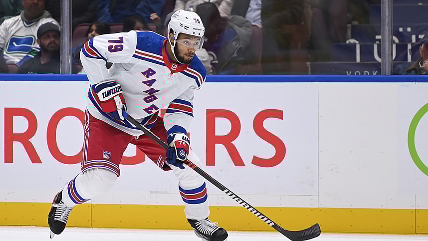 New York Rangers defence K'Andre Miller (79) skates with puck during second period at Rogers Arena