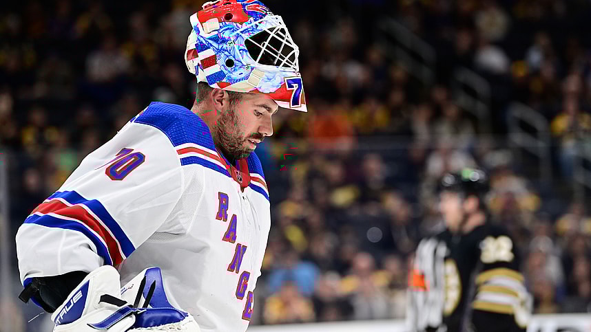 New York Rangers goalie Louis Domingue (70)  waits for play to begin against the Boston Bruins during the third period at TD Garden
